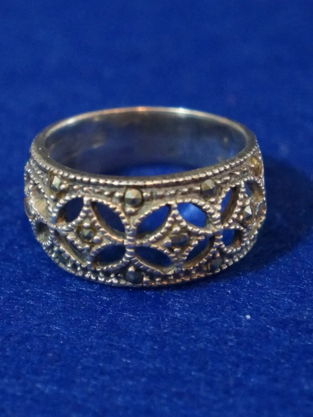 Vintage Sterling Silver 925 Marcasite Wide Filigree Band Ring Size 6.75